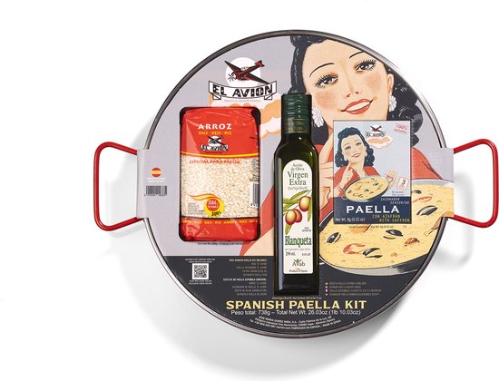 PERFECT CADEAU VOOR KERST_NIEUWHOME PAELLA PAN KIT VOOR STARTERS 6 PERSOONEN UIT VALENCIA GRIJS/ZILVEREN KLEUR HET AUTHENTIEKE. GELDIG VOOR GAS EN INDUCTIE met paella met rijstzakje 500 g + extra vergine olijfolie fles 250 ml + kruiden
