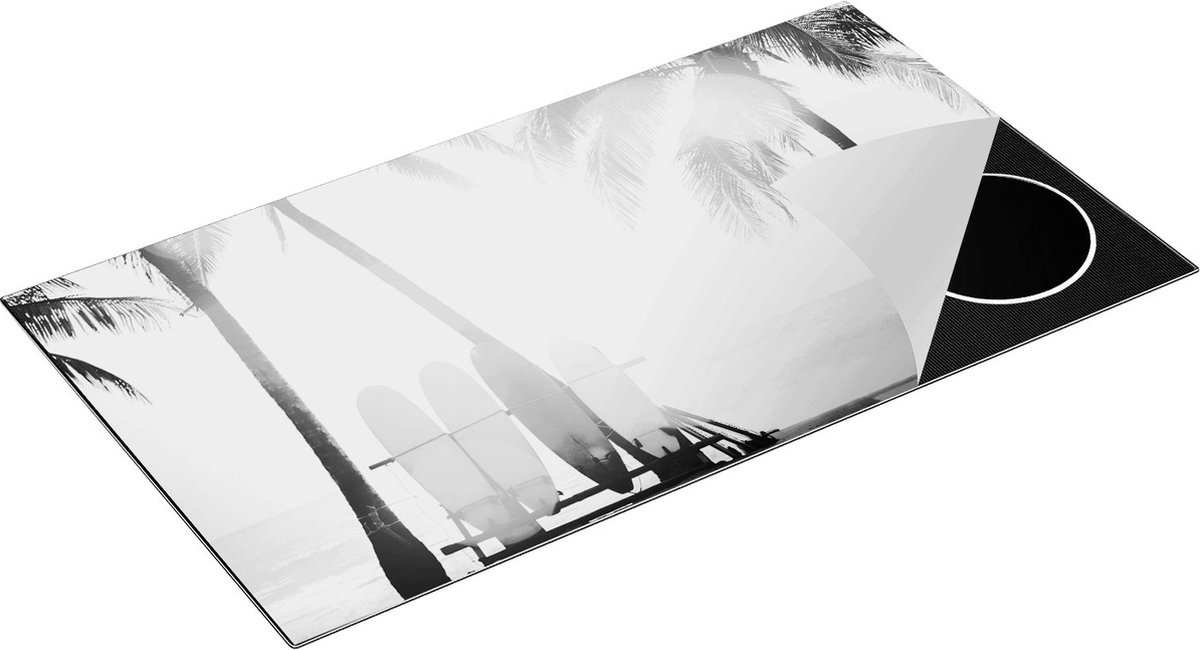 Chefcare Inductie Beschermer Tropisch Strand met Surfborden - Zwart Wit - 95x55 cm - Afdekplaat Inductie - Kookplaat Beschermer - Inductie Mat