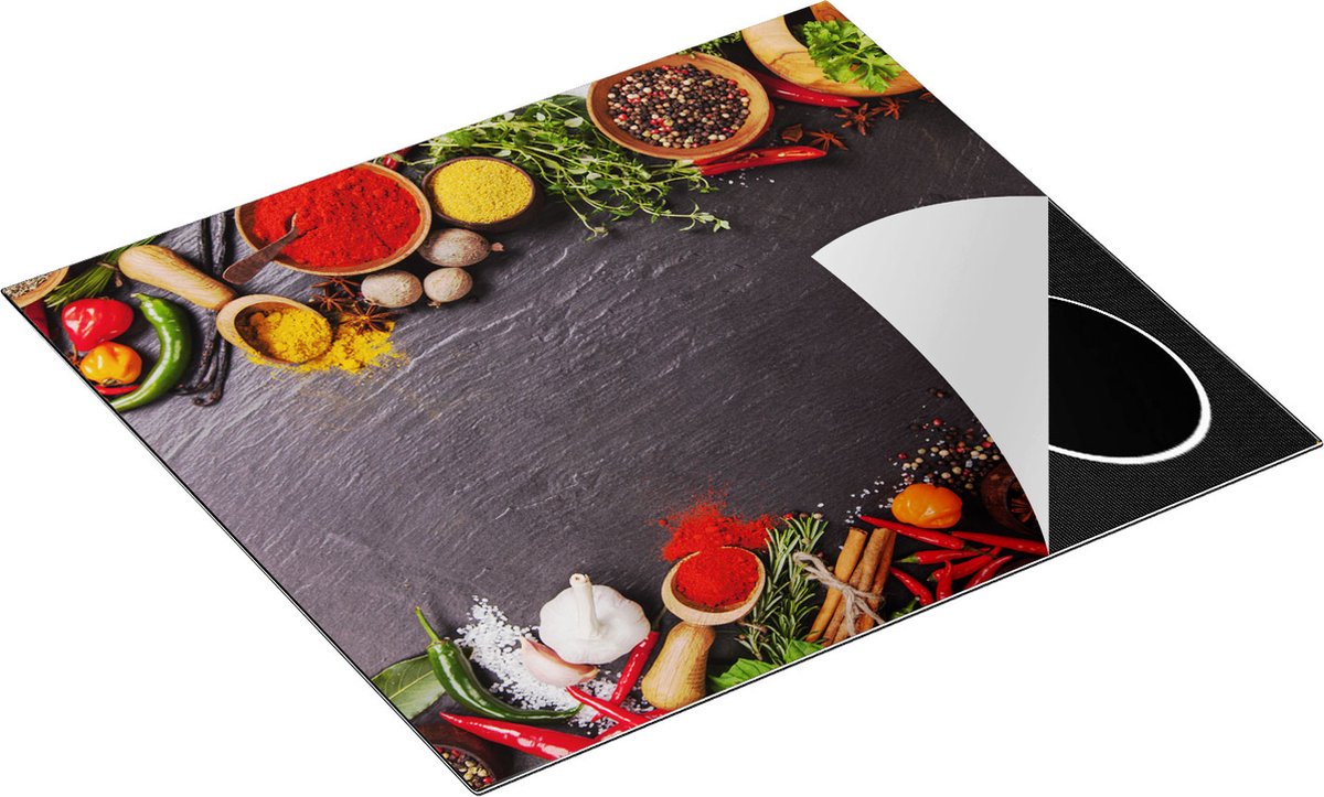 Chefcare Inductie Beschermer Verschillende Kruiden op een Zwarte Tafel - 60x50 cm - Afdekplaat Inductie - Kookplaat Beschermer - Inductie Mat