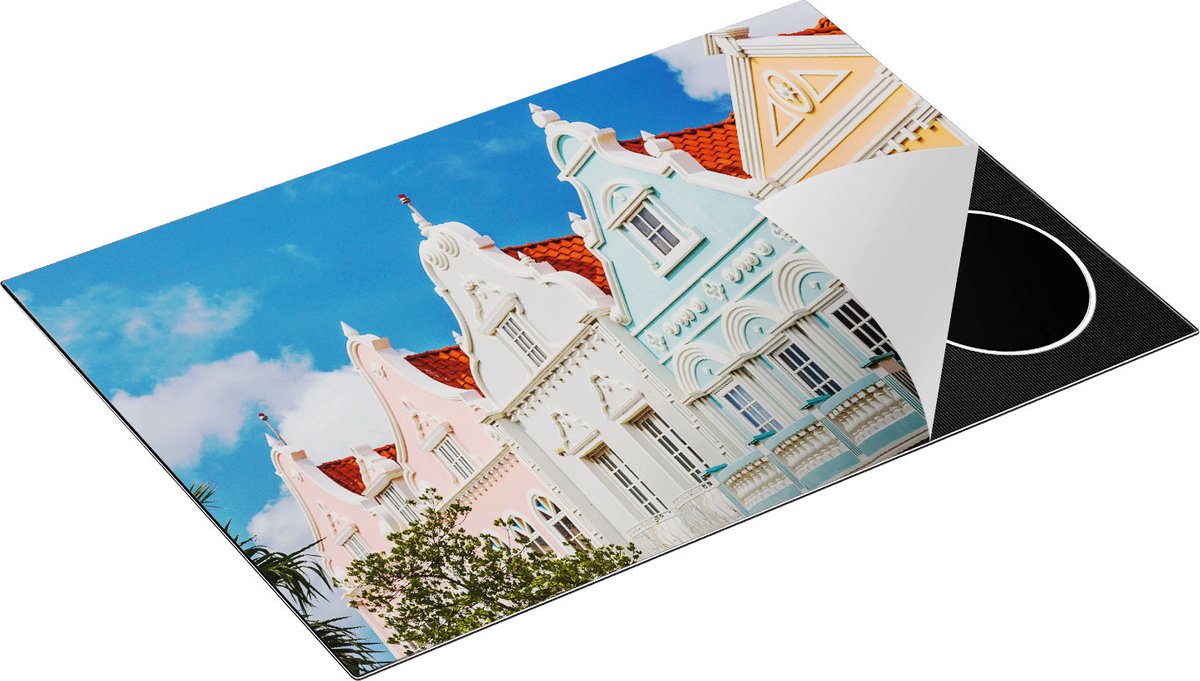 Chefcare Inductie Beschermer Aruba Kleurrijke Huisjes - Nederlandse Antillen - 77x51 cm - Afdekplaat Inductie - Kookplaat Beschermer - Inductie Mat