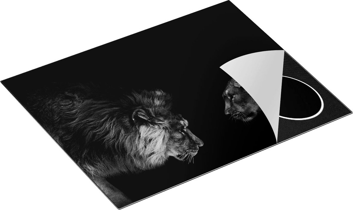 Chefcare Inductie Beschermer Leeuw en Leeuwin - Zwart Wit - 65x50 cm - Afdekplaat Inductie - Kookplaat Beschermer - Inductie Mat