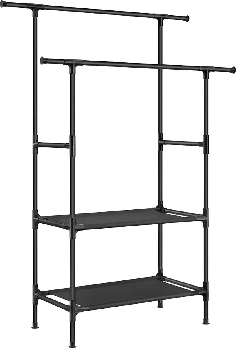 SONGMICS - Kledingrek - Kapstok - 2 kledingstangen -2 planken tot 70 kg belastbaar - eenvoudige montage - zwart - RDR002B02