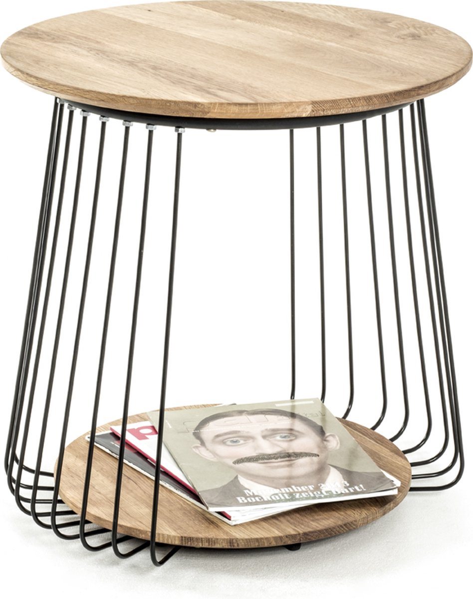 Bijzettafel – Zwart en bruin massief eiken – Met onderblad – 50 cm breed, 50 cm diep, 52 cm hoog