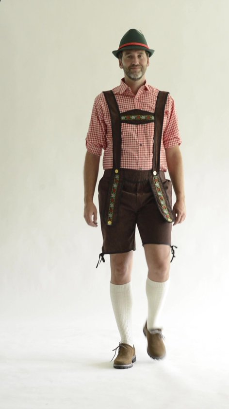 Tenue Complète Lederhosen Oktoberfest Pour Homme – Pantalon Cuir + Chemise à Carreaux – Marron, Bleu Ou Rouge – Taille S à 2XL