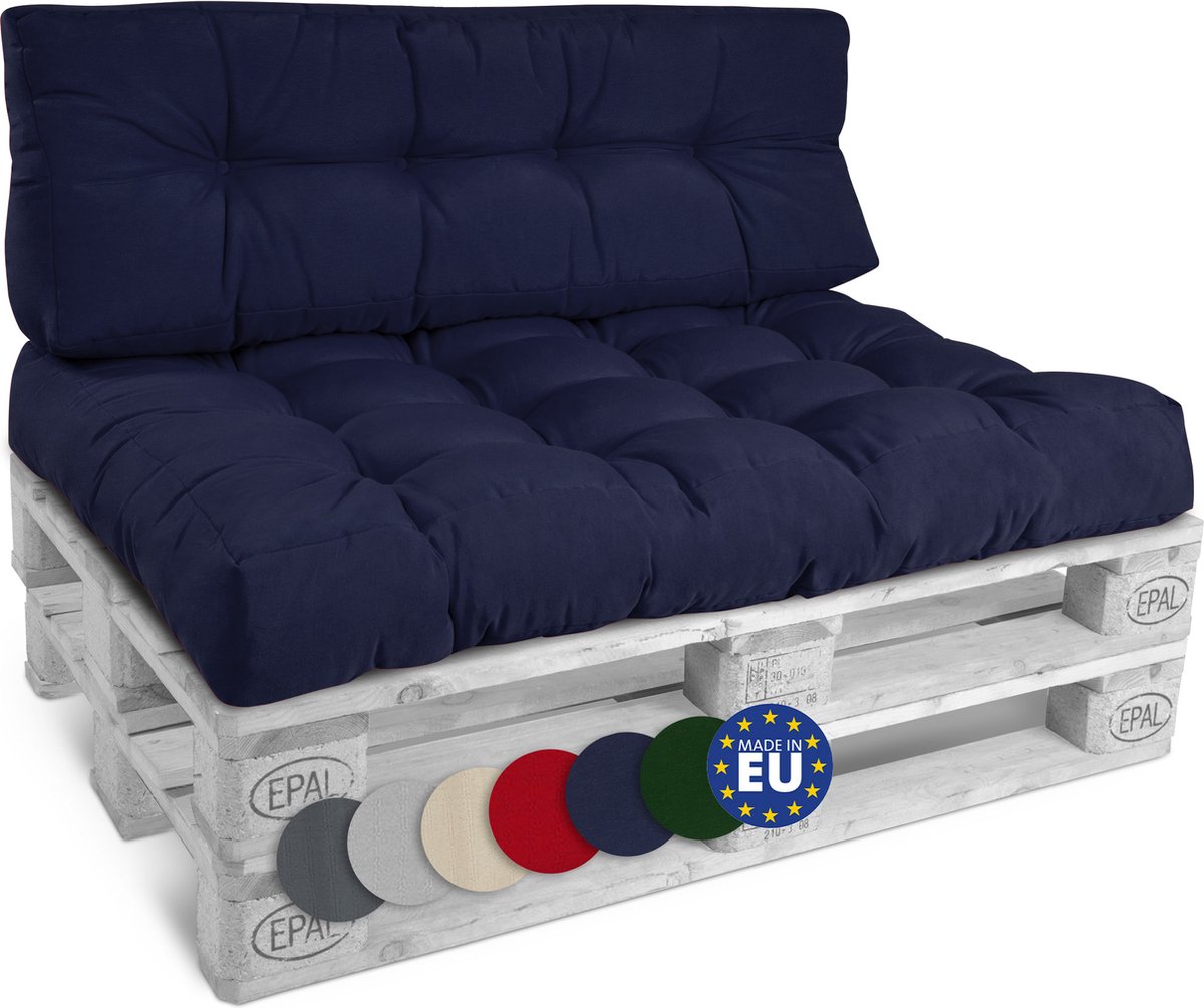 Donkerblauwe palletkussenset met 1 zitkussen (120x80 cm) en 1 rugkussen (120x40 cm) van Beautissu.