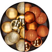 24x stuks kunststof kerstballen mix van goud en oranje 6 cm - Kerstversiering