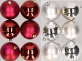 12x stuks kunststof kerstballen mix van donkerrood en zilver 8 cm - Kerstversiering