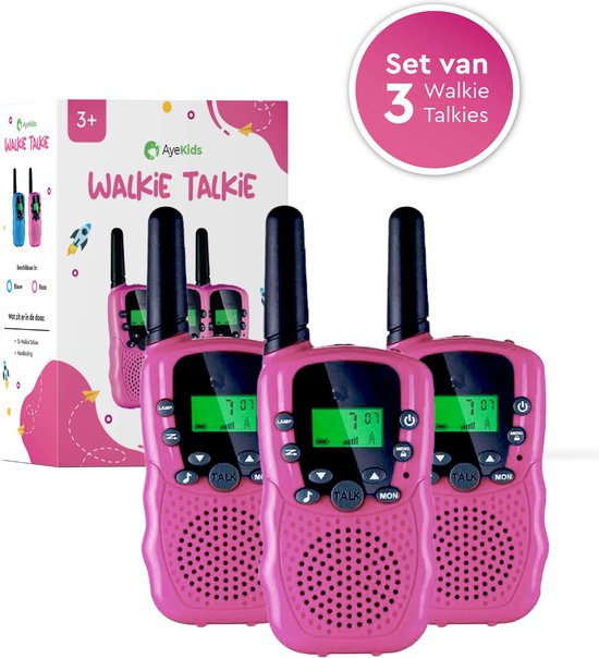Ayekids walkie talkie voor kinderen – set van 3 walkie talkies - 3 km bereik - 22 kanalen & 99 sub kanalen - roze