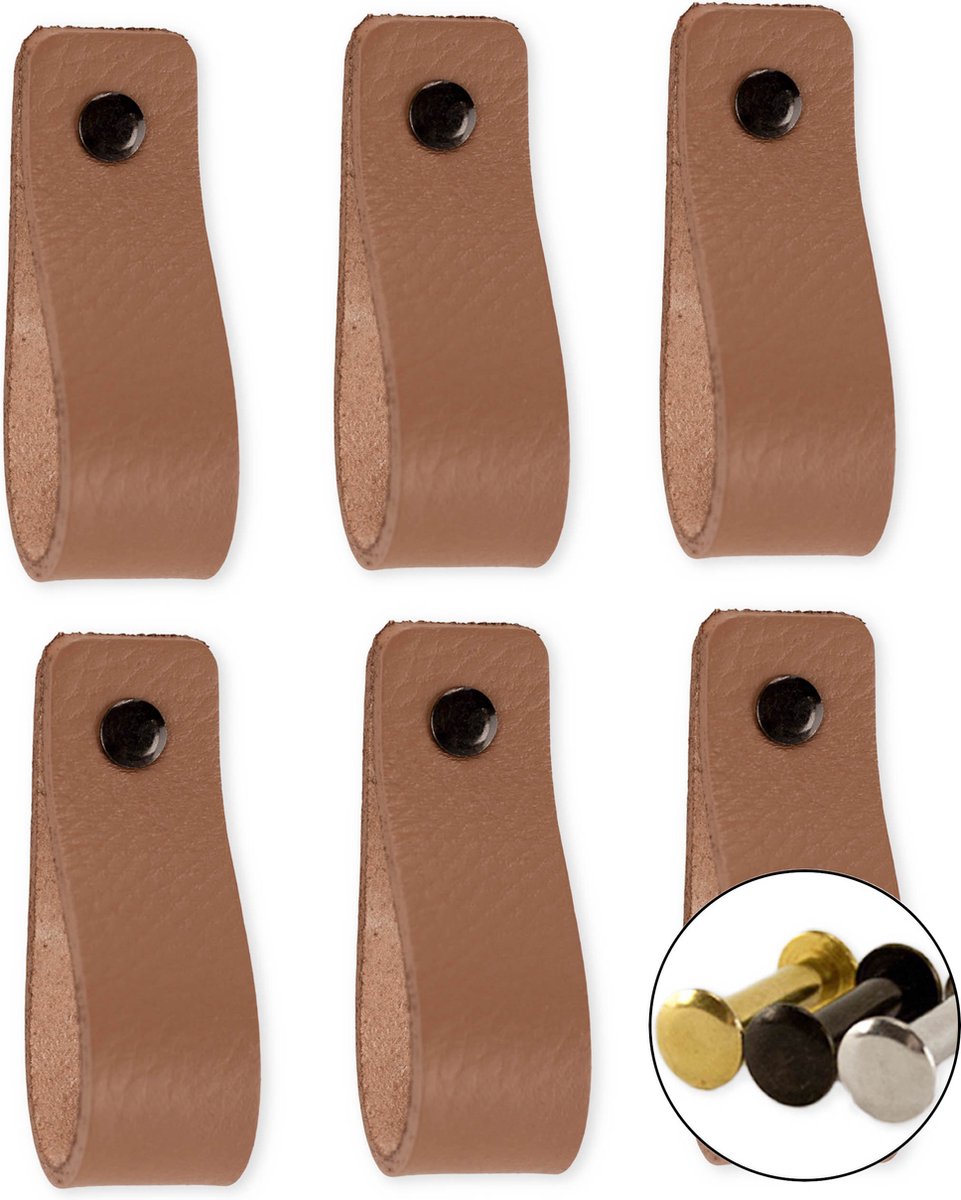 Leren handgrepen - Taupe - 6 stuks - 16,5 x 2,5 cm | incl. 3 kleuren schroeven voor de leren handgreep - Handgrepen leer - Leren meubelgreep - Leren handvaten kast - Leren lus - Handgreep kast leer - Leren greepjes - Handvat leer - Leren deurgreep