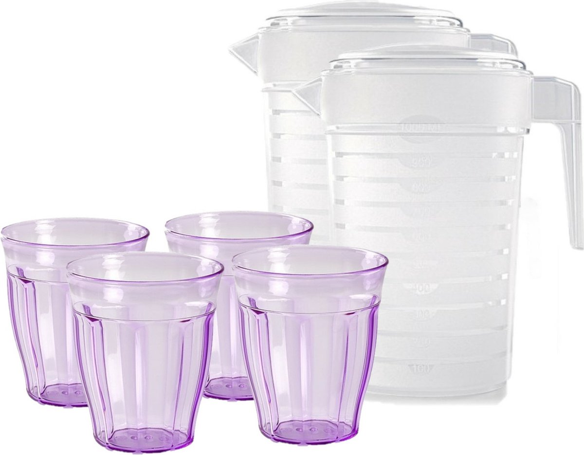 Water/limonade schenkkannen 2x stuks met 2 liter inhoud en 12x kunststof gekleurde glazen van 250 ML voordeelset
