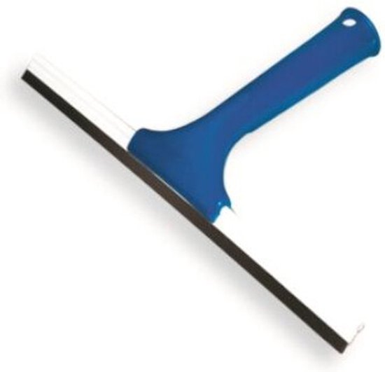 Een blauwe raamwisser met een zilveren blad.