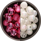Bellatio Decorations Kerstballen mix - 74-delig - parelmoer wit en fuchsia - 6 cm - kunststof