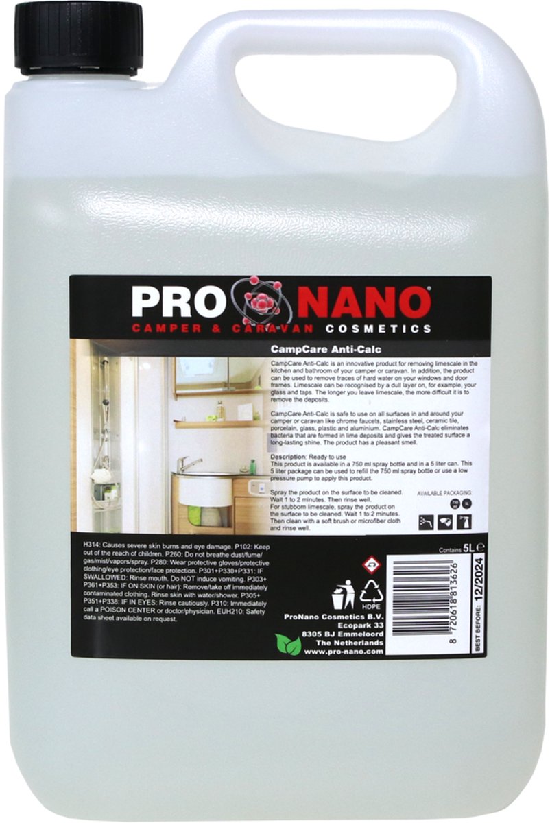 ProNano | CampCare Camper- & Caravan reinigers | Anti-Calc 5L | Nano Technologie | is een innovatief product voor het verwijderen van kalkaanslag in de keuken en badkamer van uw camper of caravan |
