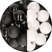 24x stuks kunststof kerstballen mix van wit en zwart 6 cm - Kerstversiering