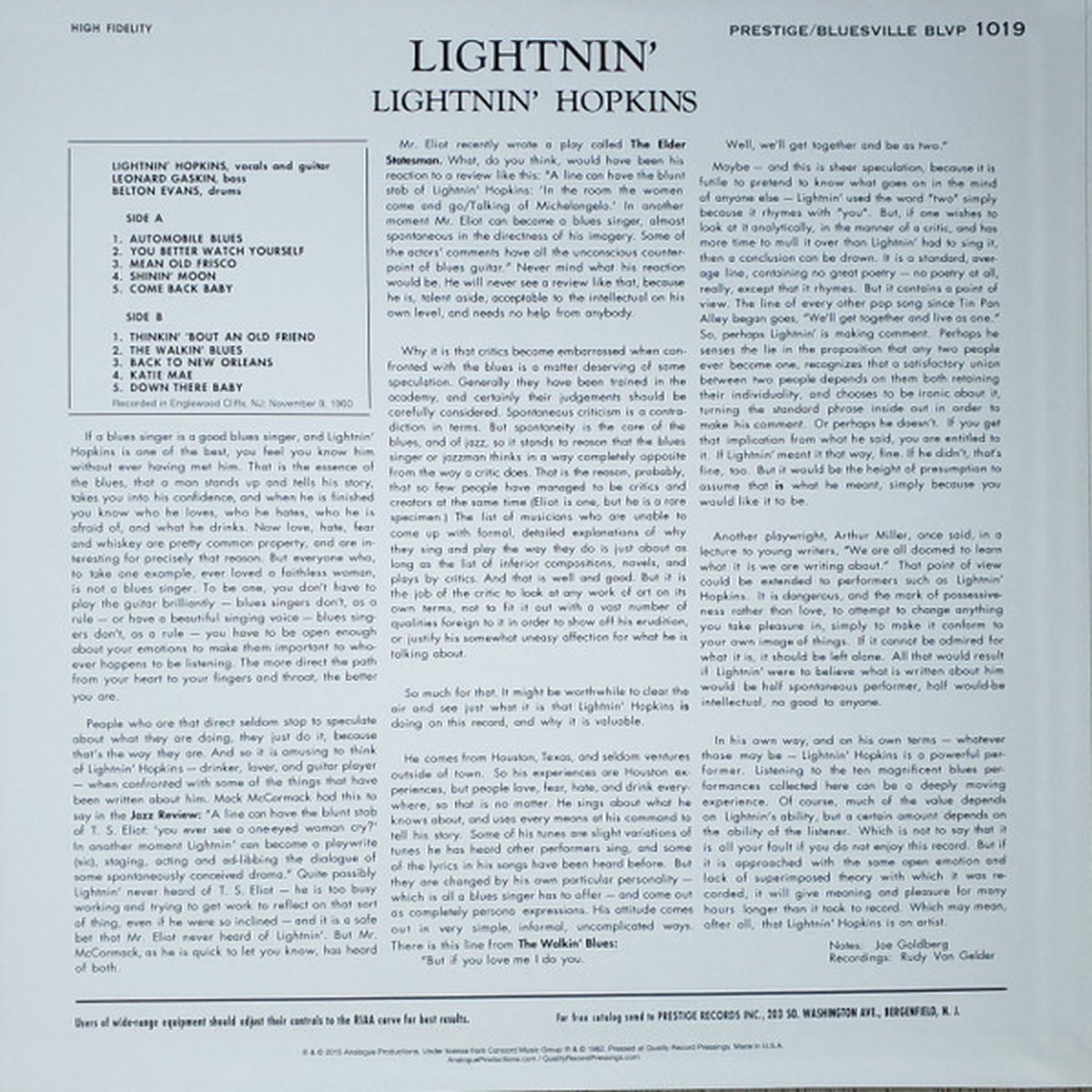 Lightnin' HQ LP 200 gram, Lightnin' Hopkins LP (album) Muziek
