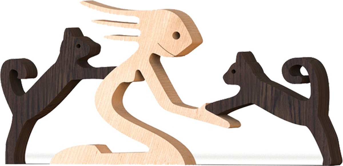 Houten beeldje - Natuurlijk hout - Beeld - Decoratief - Hout - Vrouw - Katten - B014