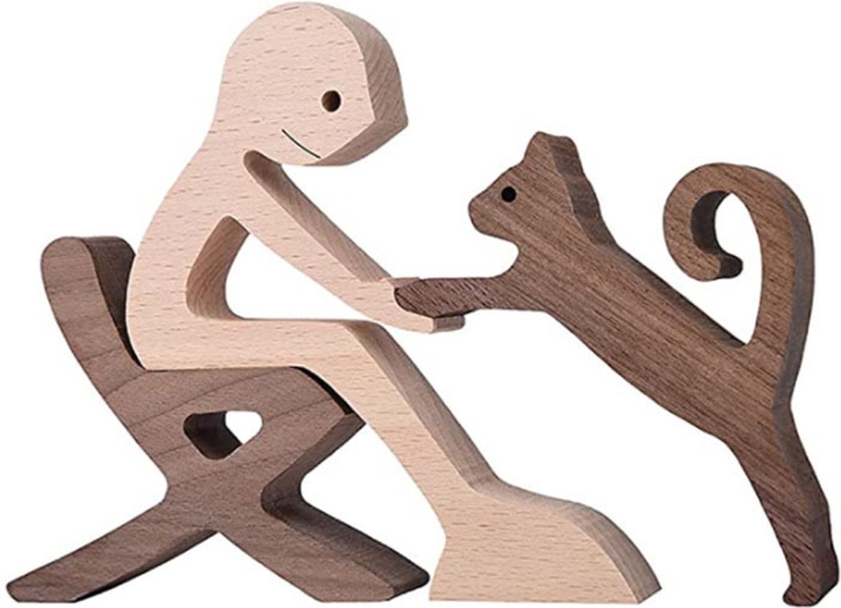 Houten beeldje - Natuurlijk hout - Beeld - Decoratief - Hout - Man - Stoel - Kat - B013