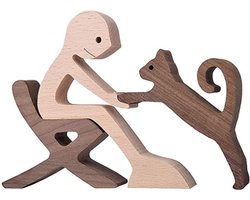 Houten beeldje - Natuurlijk hout - Beeld - Decoratief - Hout - Man - Stoel - Kat - B013