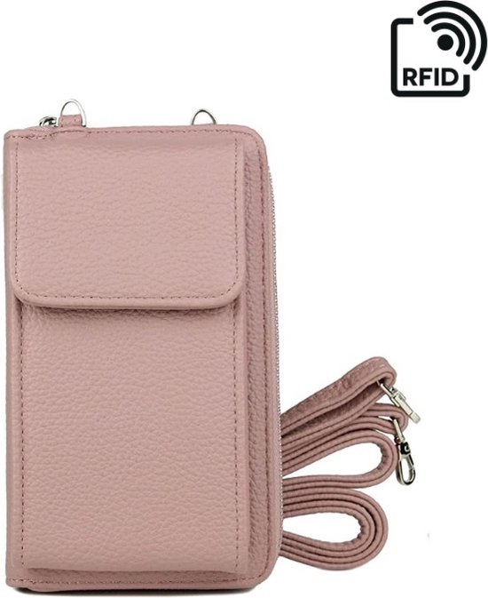 Portemonnee tasje met schouderband roze -telefoontasje dames anti-skim - schoudertas klein - festival tas RFID - Portemonnee voor mobiel pink