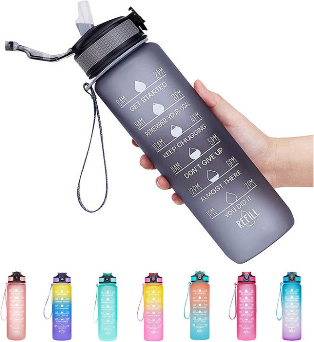 Lopoleis Drinkfles - Waterfles 1 Liter - Motivatie Waterfles Met Tijdsmarkering - Water Bottle - BPA Vrij