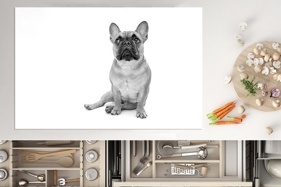 KitchenYeah® Inductie beschermer 80x52 cm - Portret van een Franse buldog op een witte achtergrond - zwart wit - Kookplaataccessoires - Afdekplaat voor kookplaat - Inductiebeschermer - Inductiemat - Inductieplaat mat