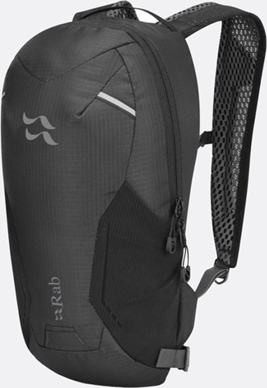 Sac à dos Rab noir avec bretelles en mesh et détails réfléchissants.
