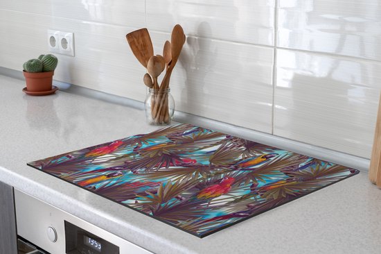 KitchenYeah® Inductie beschermer 59x52 cm - Vintage - Papegaai - Regenboog - Jungle - Kookplaataccessoires - Afdekplaat voor kookplaat - Inductiebeschermer - Inductiemat - Inductieplaat mat