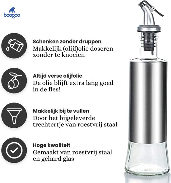 BooGoo - Bouteille d'huile en acier inoxydable - Bouteille d'huile avec bec verseur et Accessoires de vêtements pour bébé - Bouteille d'huile d'olive - Bouteille d'huile en verre