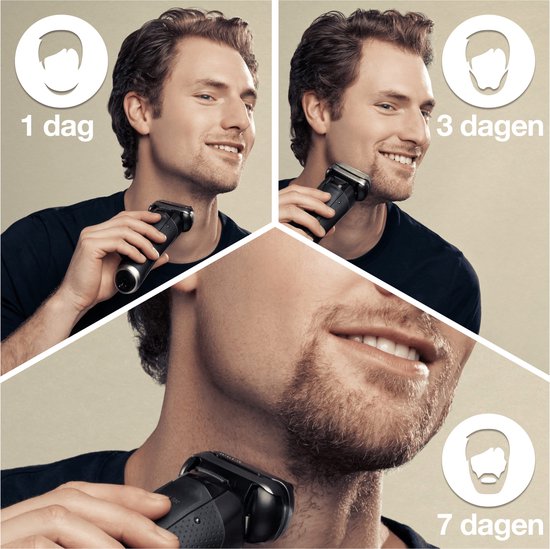 Tijdlijn van een man die scheert met de Braun Series 9 Pro: "1 dag", "3 dagen", "7 dagen".