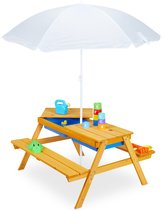 Relaxdays kinderpicknicktafel met parasol - zand- en watertafel - kindertafel hout buiten