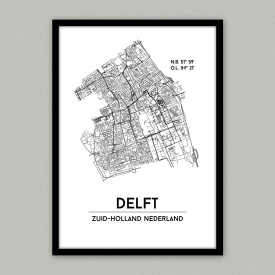Delft city poster, A4 met lijst, plattegrond poster, woonplaatsposter, woonposter
