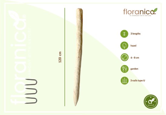 Floranica Hekpalen hazelnoot hout natuurlijk rond Hekpaal houten hek paal voor schapenhek voor tuin hek doorsnee 6-8 cm Hoogte: 120cm 3 stuks - Floranica