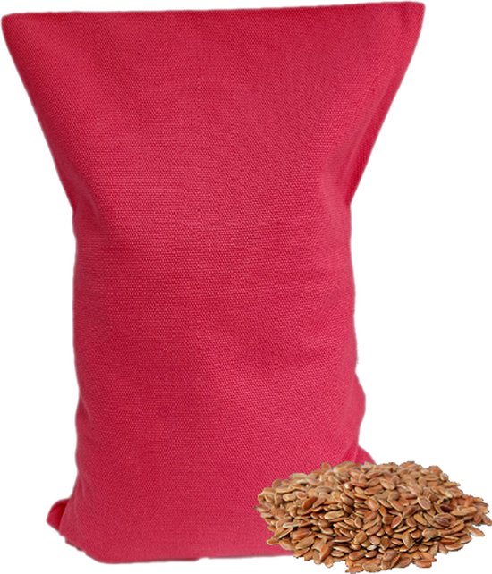 Roze lijnzaadkussen 30 x 20 cm, met een stapel lijnzaad ernaast.