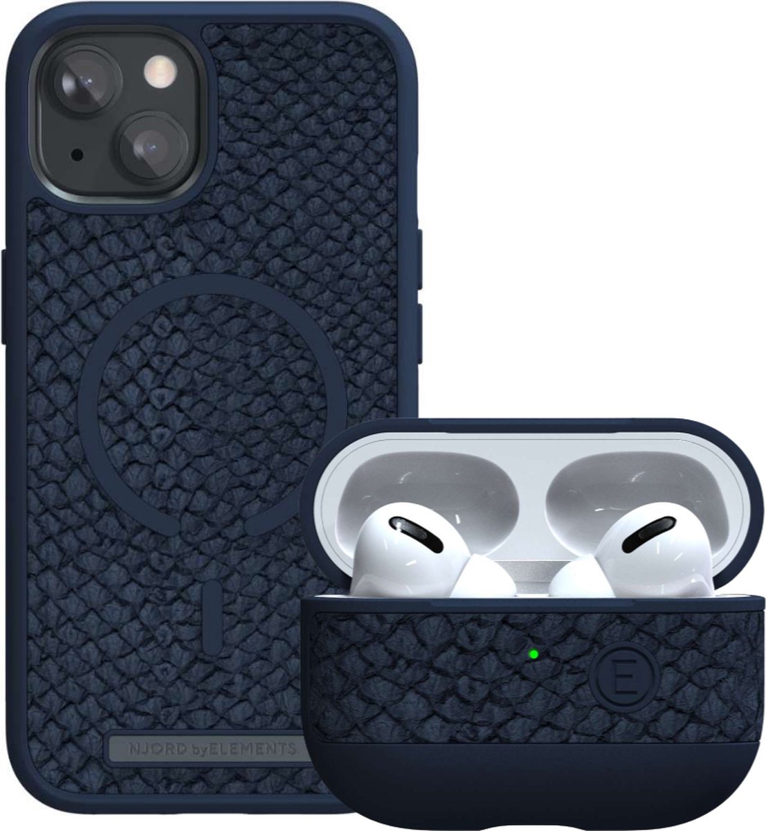 Njord byELEMENTS iPhone 13 hoesje + AirPods Pro hoesje / Airpods Pro Case - Gereycled / Duurzaam materiaal - 2 Meter valbescherming - Uniek design - Blauw