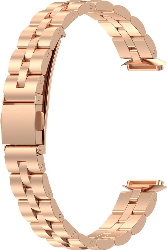 Rosegoudkleurige metalen schakelarmband met gespsluiting.