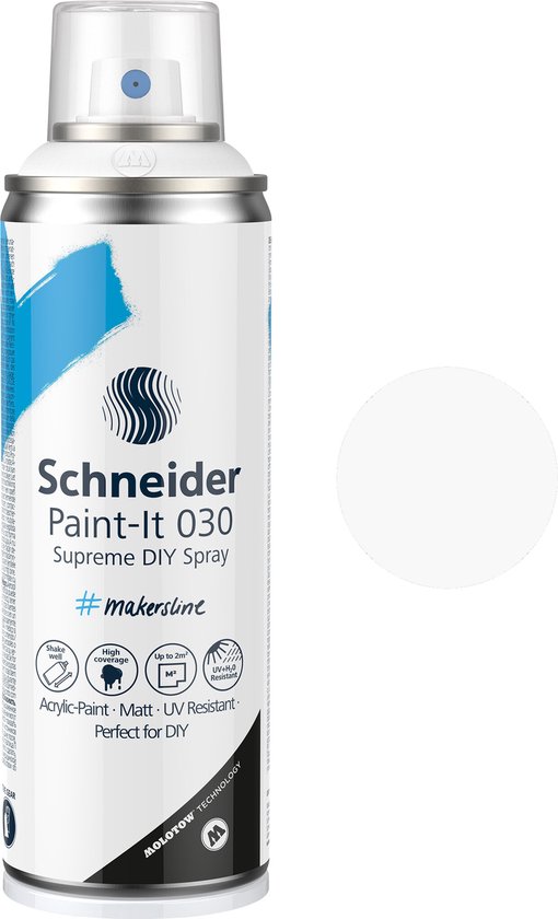Schneider Paint-It 030 Supreme DIY Spray, peinture acrylique, mat, résistant aux UV, 200ml, blanc.