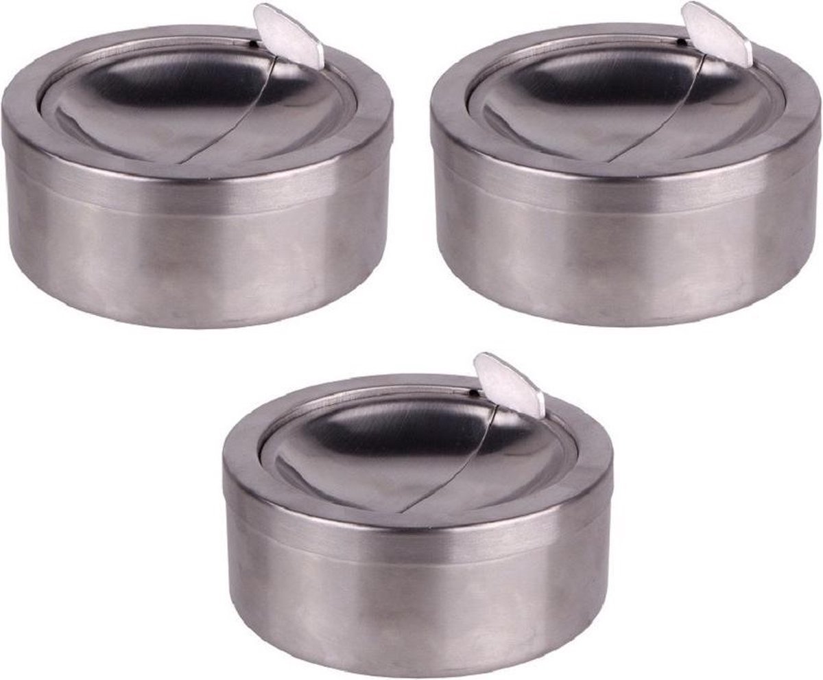Goedkoopste AO®️ 3x Ronde tuin/terras asbak met klep 11 cm RVS - Tuimelasbak - Buiten asbakken