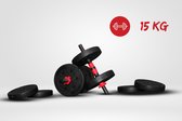 Venom Sports verstelbare dumbbell set tot 15kg - professionele 2-in-1 halterset gewichten - gebruiksvriendelijke fitness stang - rood