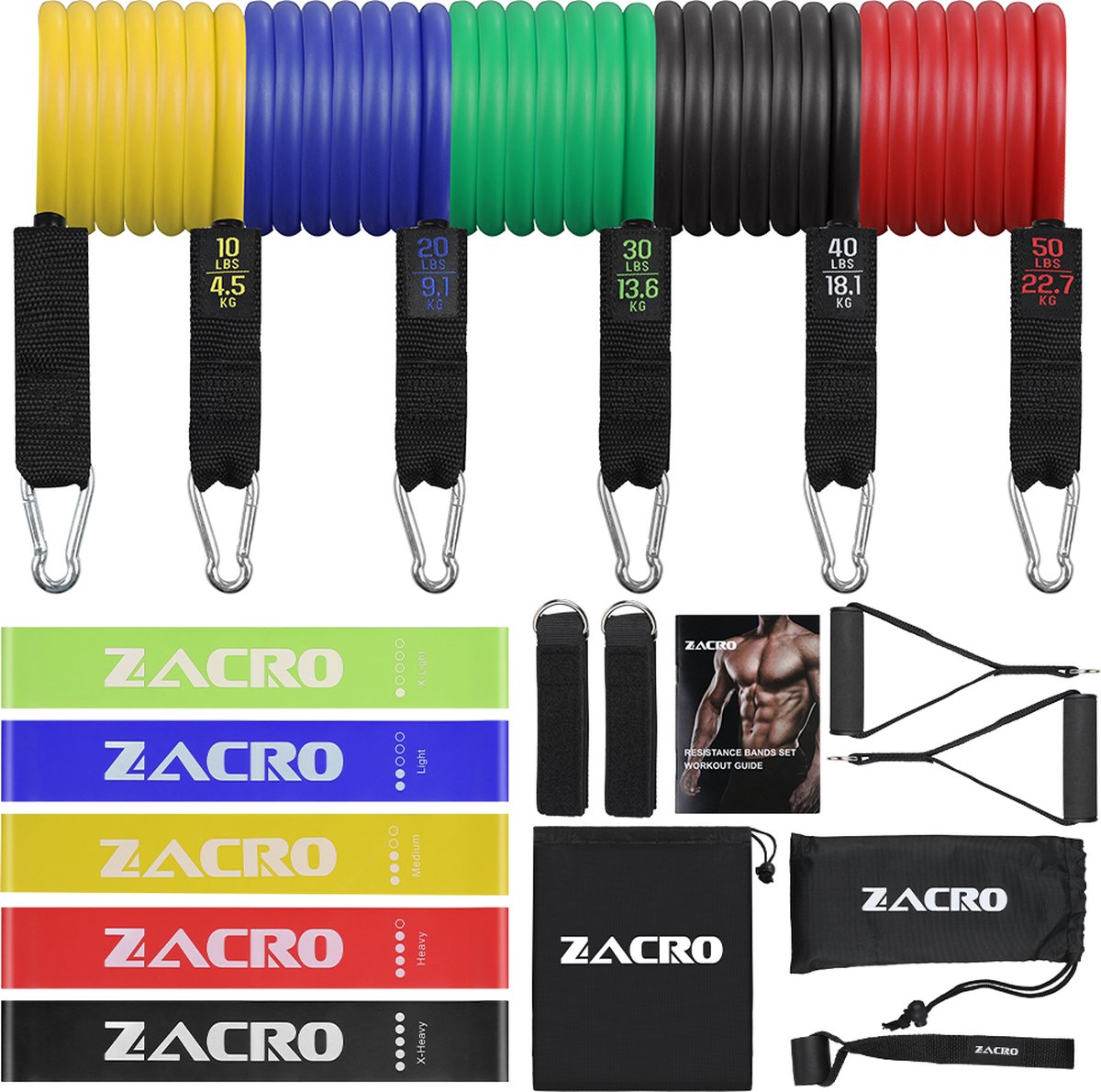 Zacro Resistance Band Set - 16 Delig- 5 Weerstandsbanden & 5 Weerstandstubes - Fitness Elastiek - Tubes - Loops - Draagtas - voor Benen en Butt Oefening