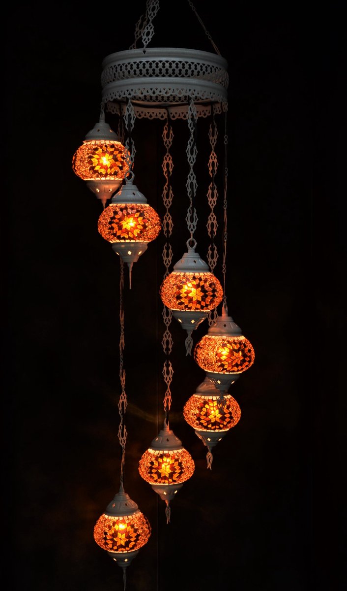 Hanglamp multicolour bruin glas mozaïek Oosterse lamp kroonluchter Crèmewit 7 bollen