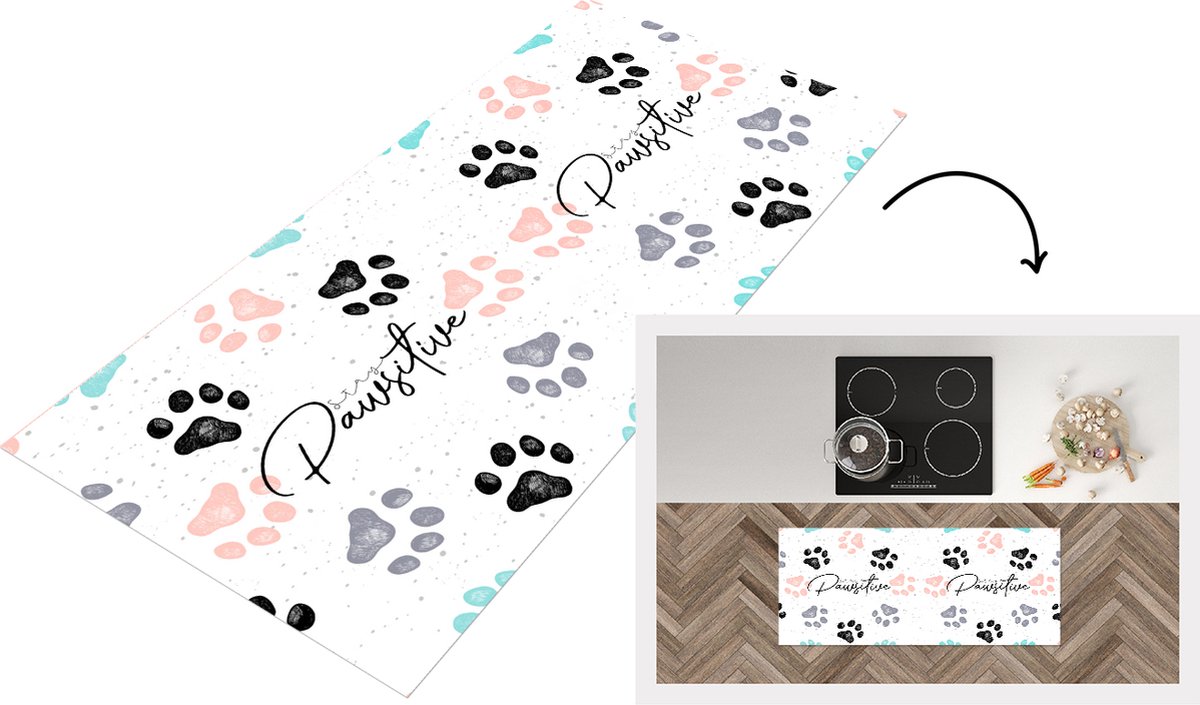 KitchenYeah Keukenloper - Loper keuken - Quotes - Honden - Spreuken - Stay pawsitive - 120x50 cm - Keukenloper vinyl Multicolor