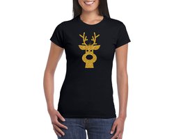Bellatio Decorations Kerst T-shirt voor dames - rendier - zwart - glitter bedrukking - goud - kerst shirt/outfit L