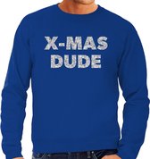 Foute Kersttrui / sweater - x-mas dude - zilver / glitter - blauw - heren - kerstkleding / kerst outfit M