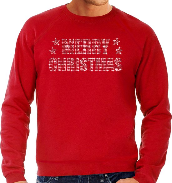Glitter foute kersttrui rood Merry Christmas glitter steentjes/ rhinestones voor heren - Glitter kerstkleding/ outfit XL