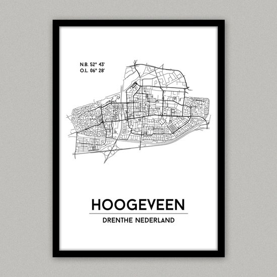 Hoogeveen city poster, A4 zonder lijst, plattegrond poster, woonplaatsposter, woonposter