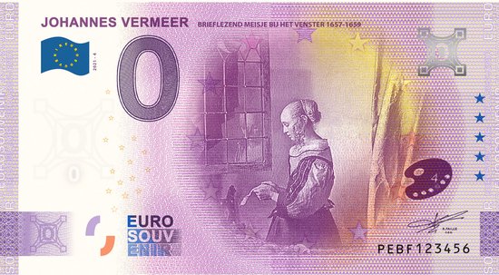 Thumbnail van een extra afbeelding van het spel 0 Euro biljet Nederland 2021 - Vermeer Brieflezend meisje bij het venster LIMITED EDITION