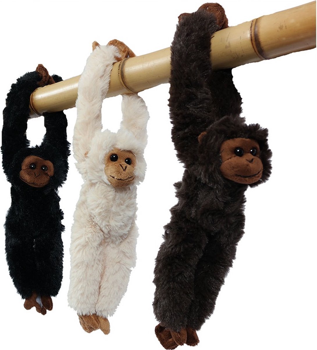 PIA Soft Toys - Set van 3 Pluche Hangaap Knuffels - 3 ass. - 30 cm - (zwart - bruin - beige)