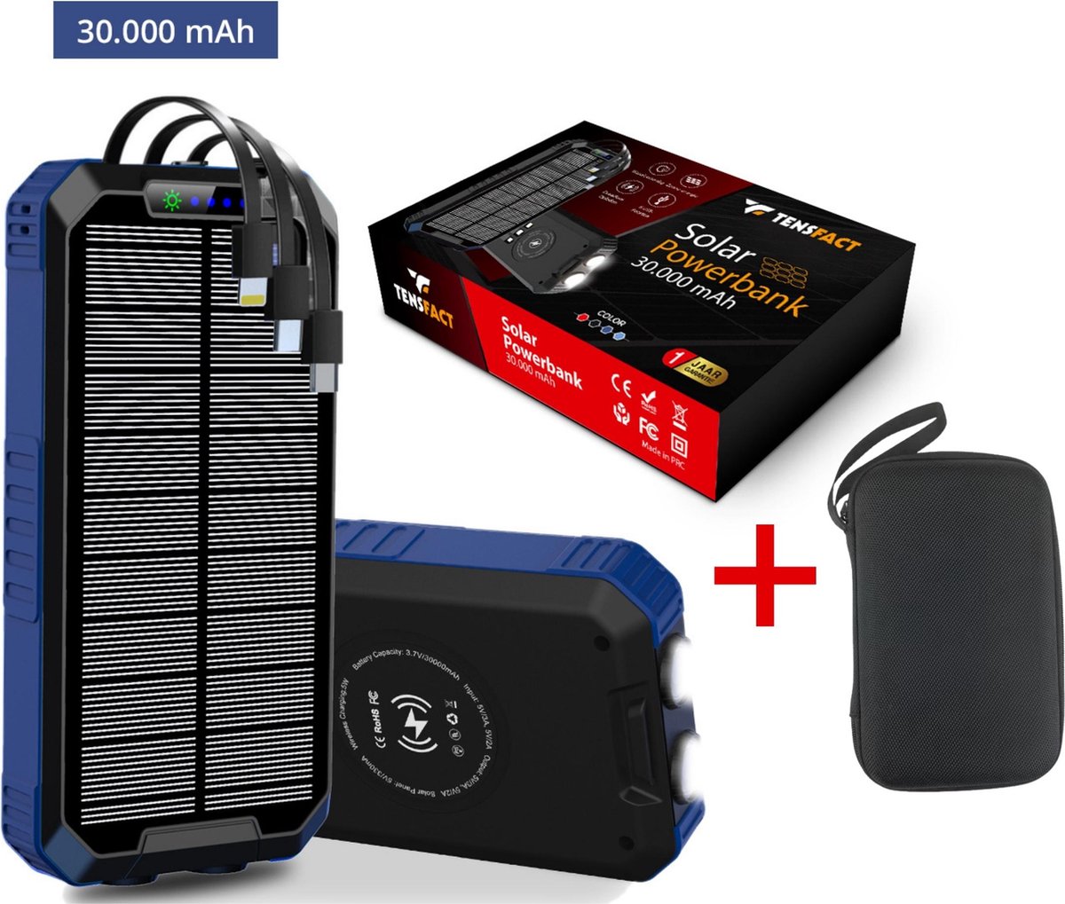 Tensfact® Solar Powerbank 30000 mAh Wireless Charger - met USB C Micro USB en Lightning - Blauw