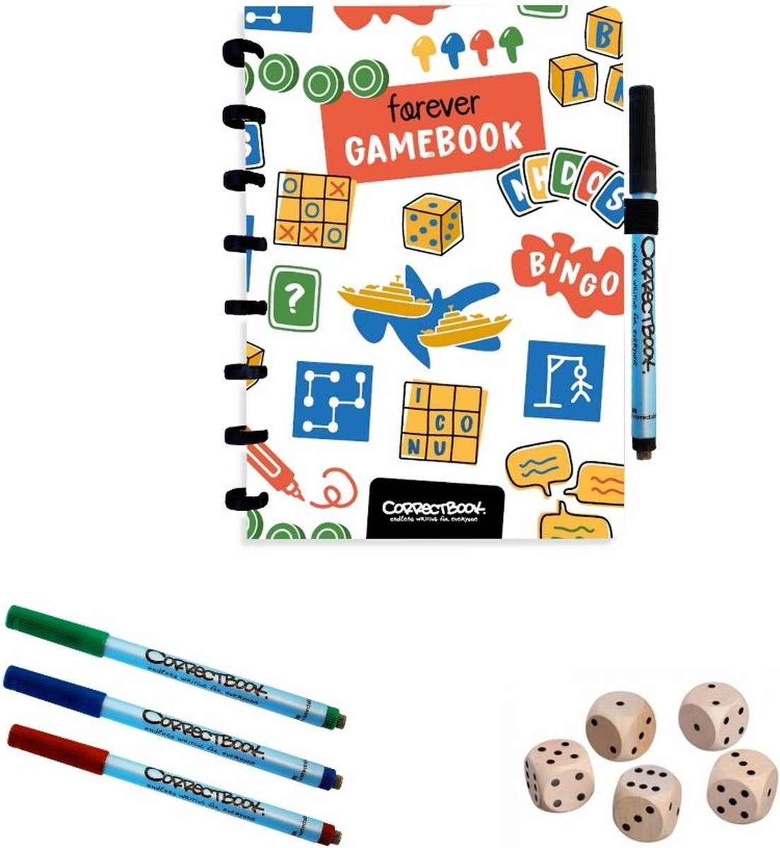 Correctbook A5 Uitwisbaar Notitieboek – Forever Gamebook – Herbruikbaar spelletjesboek – Inclusief pennen, wisdoekje & dobbelstenen – Ook als scoreboek te gebruiken