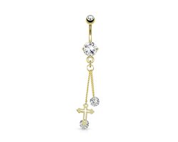 Croix de Bellypiercing avec long pendentif CZ pierre plaqué or blanc 14kt. © LMPiercings